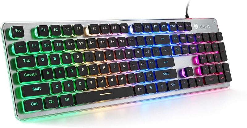 LANGTU Membrane Gaming Keyboard, Colorful LED Backlit Quiet Keyboard for Study, All-Metal Panel USB Wired 25 Keys Anti-ghosting Computer Keyboard 104 Keys - L1 Black/Silver… - Image 1